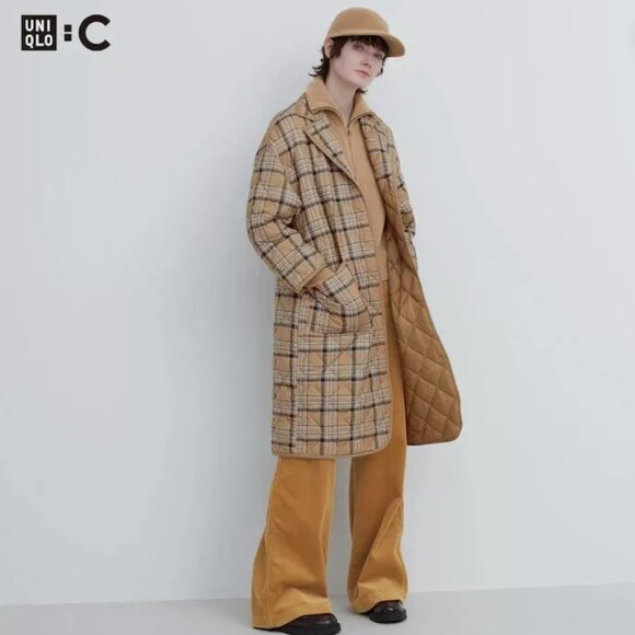 Uniqlo | C Plaid Check Padded Pufftech Oversized Long Coat Sz. S - Picture 1 of 12